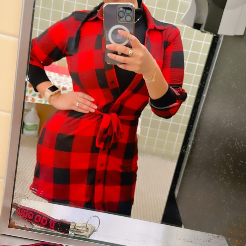 Red Plaid Button-Up Shirt Dress